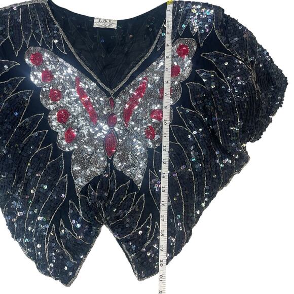 VTG SHE Sequin Beaded Butterfly Top Womens OS 70's Disco Retro Glam Silk Rayon - Picture 11 of 14